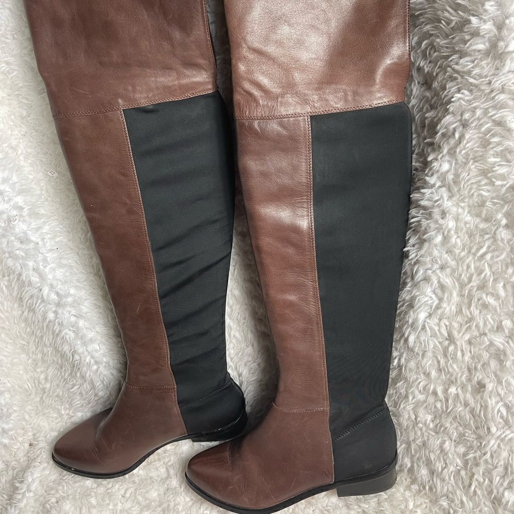 BCBGMAXAZRIA Brown leather &Black stretchy fabric Over Knee Pull On Boots SZ7M